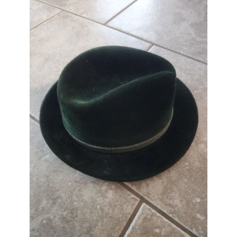 Vintage Tyrolean Fedora Hat Forest Green Velour Alpine Style Rope Trim Band - Picture 2 of 8
